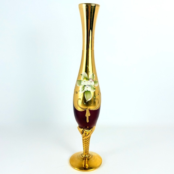 Murano Other - VTG Murano Venetian Ruby Glass & 24K Gold Paint 11” Hand Painted Floral Bud Vase